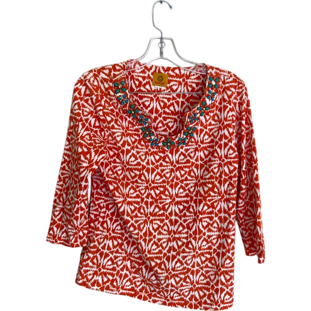 Ruby Rd Top Womens Studded White Red Ikat Pattern 3/4 Sleeve Pullover Blouse